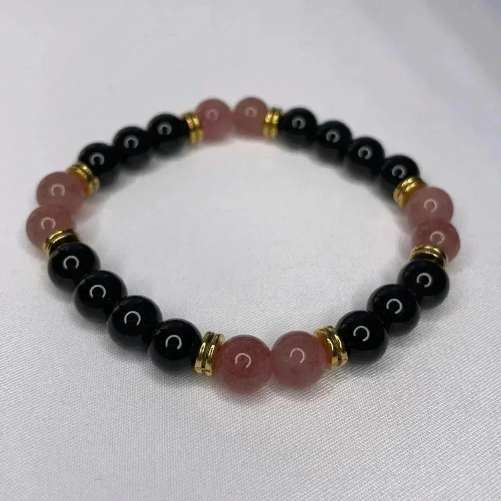 New Crystal Strawberry Quartz Black Tourmaline Stretch Bracelet Medium